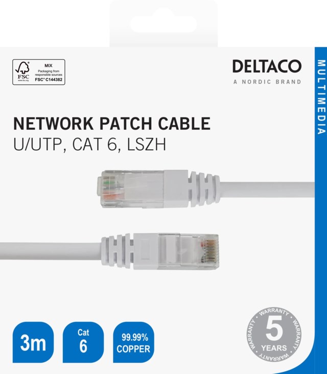 Nätverkskabel Deltaco U/UTP, cat 6 3m vit - 3m - 1