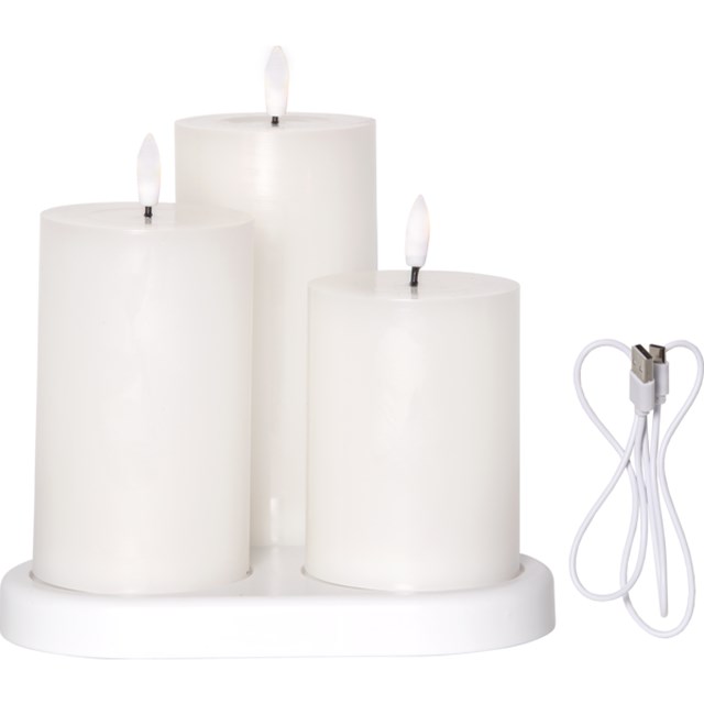 LED Blockljus 3-p Flamme Charge Vit 7,5x15cm - 1