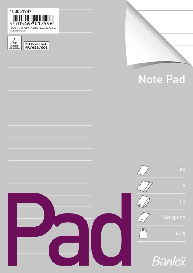 Limblock Bantex A5 60g linjerat ohålat - A5 - 1