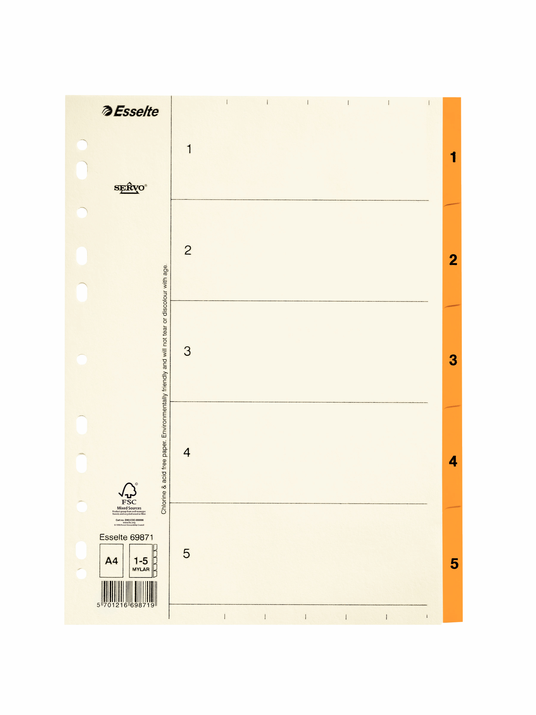 Pappersregister Servo A4 1-5, orange, 6-hålat, FSC - Kontor & Papper - Pärmar & Register - Register