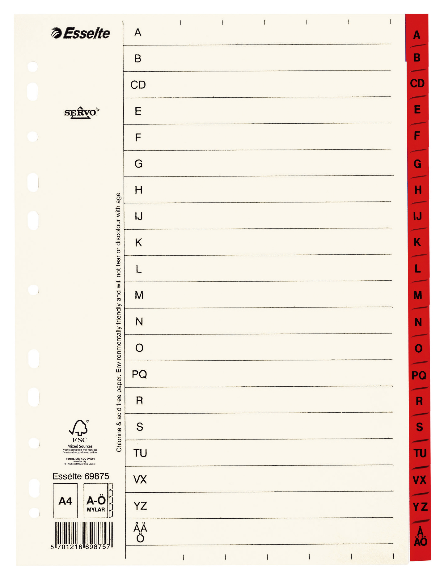Pappersregister Esselte Servo A4 A-Ö, röda flikar, 11 hål - Kontor & Papper - Pärmar & Register - Register