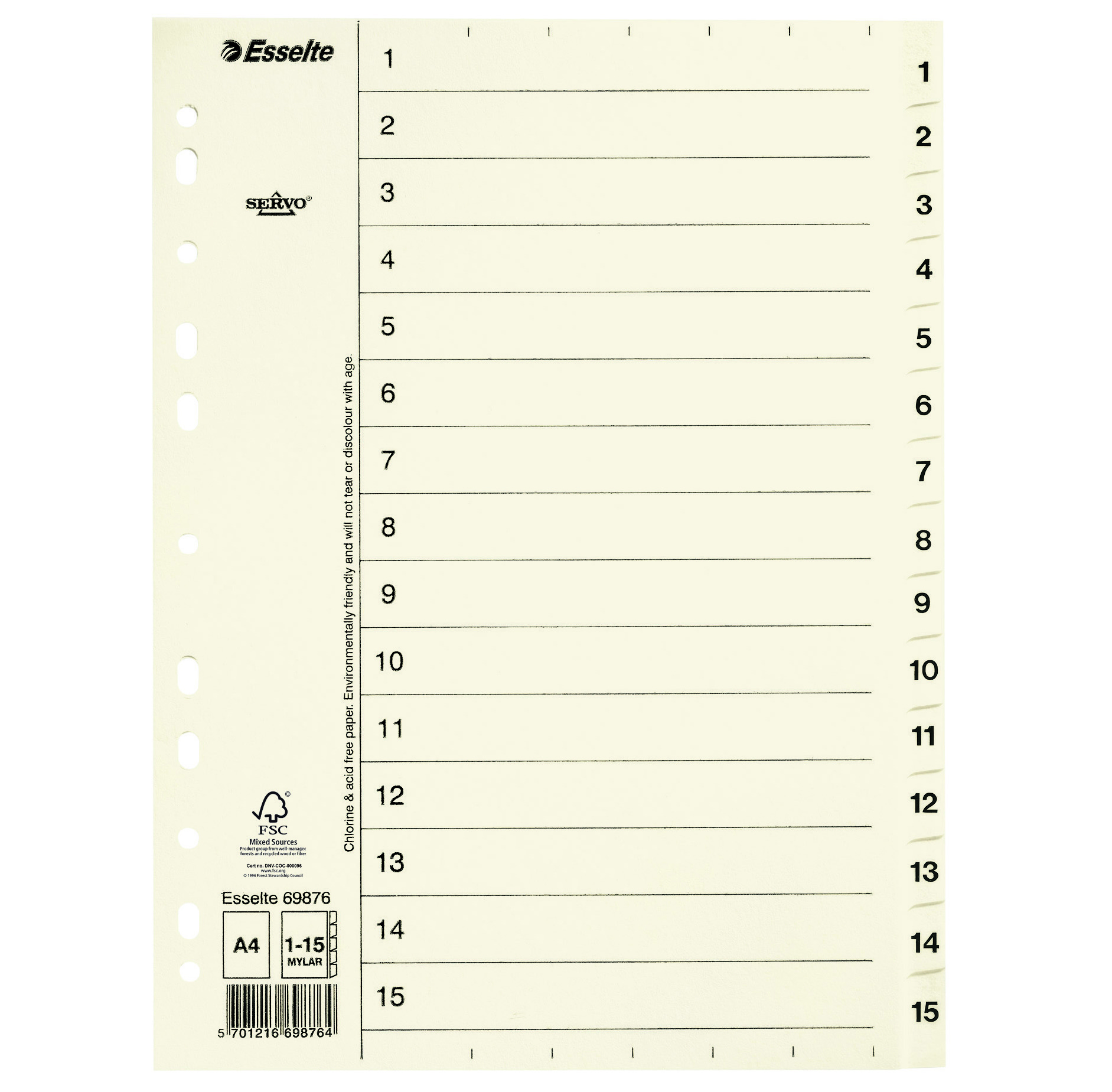 Pappersregister Esselte Servo A4 1-15, ofärgade flikar - Kontor & Papper - Pärmar & Register - Register