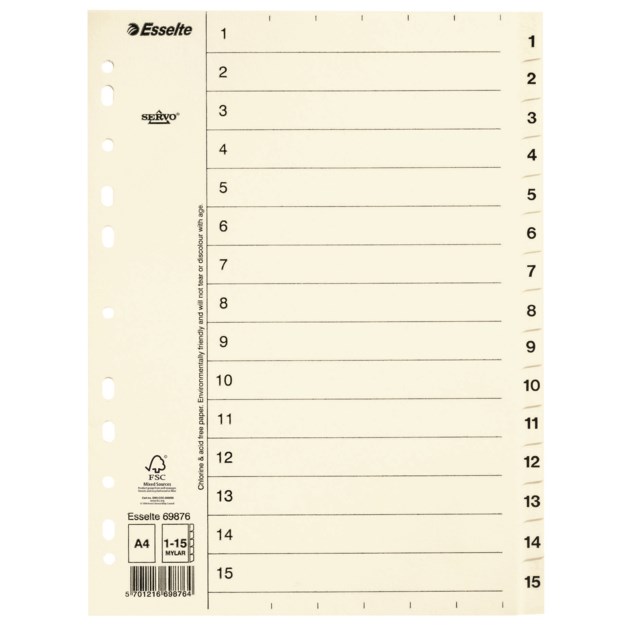 Pappersregister Esselte Servo A4 1-15 ofärgade - A4 - 1