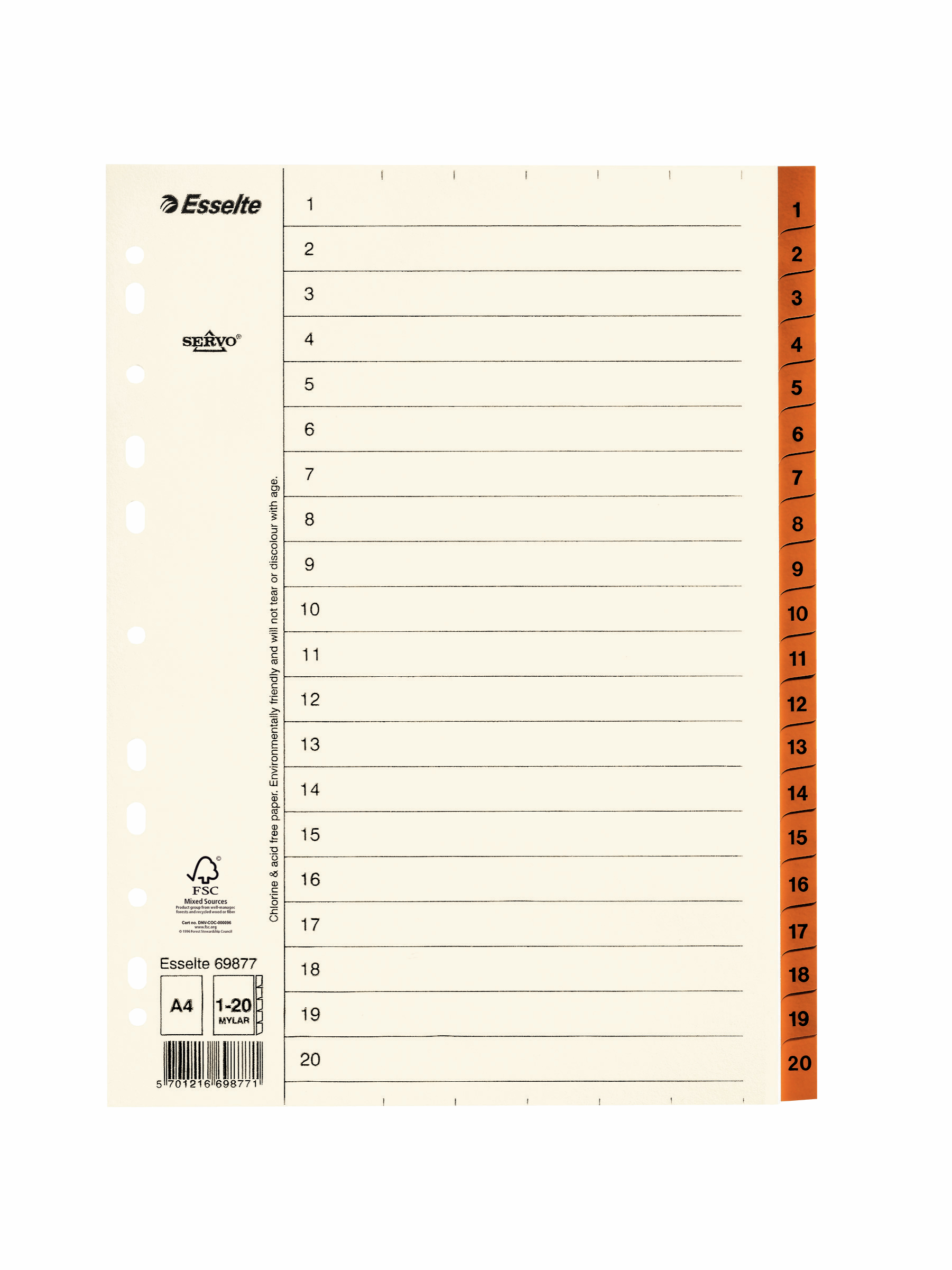 Pappersregister Servo A4 1-20, Mylar-förstärkt, gultonat - Kontor & Papper - Pärmar & Register - Register