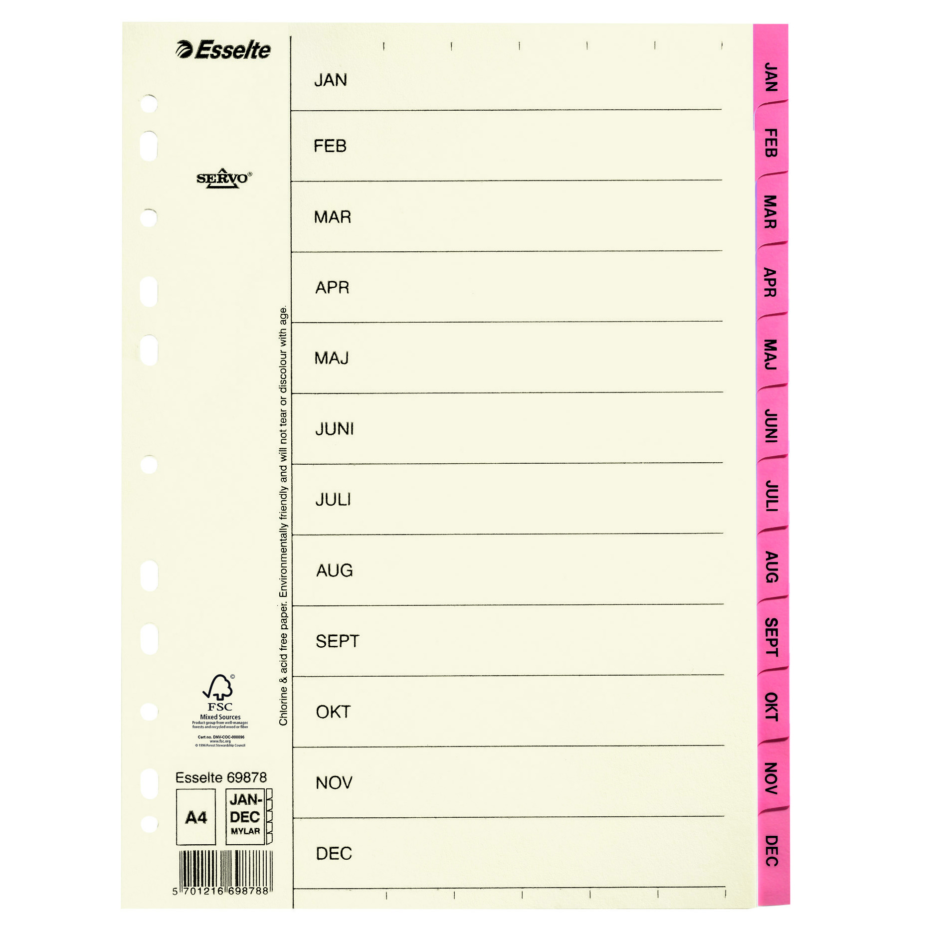 Pappersregister Esselte Servo A4 Jan-Dec, mylarflikar, rosa - Kontor & Papper - Pärmar & Register - Register
