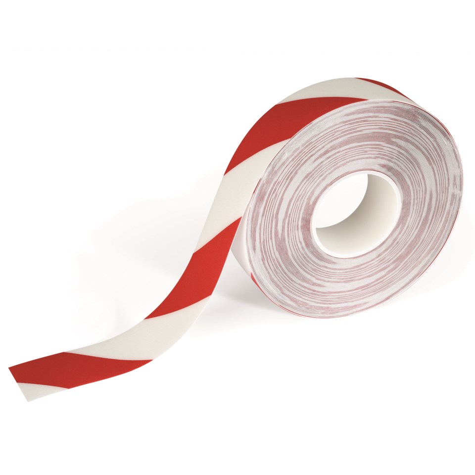 Golvtejp Durable Duraline Strong, röd/vit, 50mm x 30m | Kontorab.se