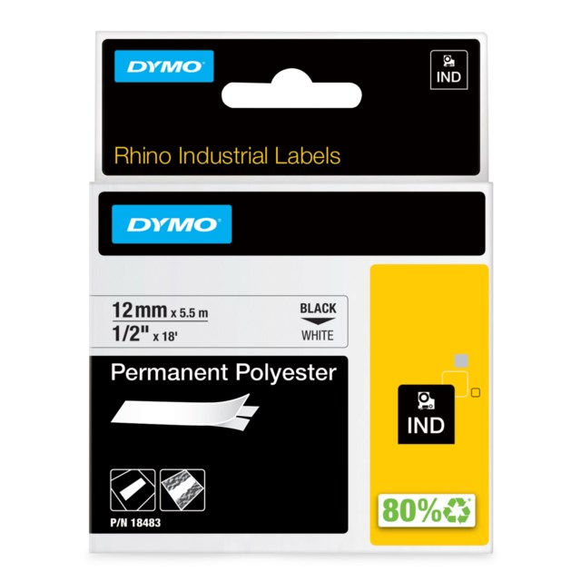 Märkband Dymo Rhino Ind polyester 12mm svart/vit - 12mm - 1