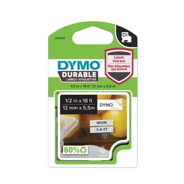 Märkband Dymo D1 Durable 12mm x 5,5m svart/vit - 12mmx5,5m - 1