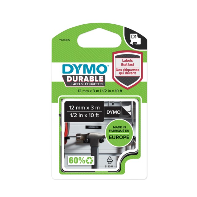 Märkband Dymo D1 Durable 12mm x 3m vit/svart - 12mmx3m - 1