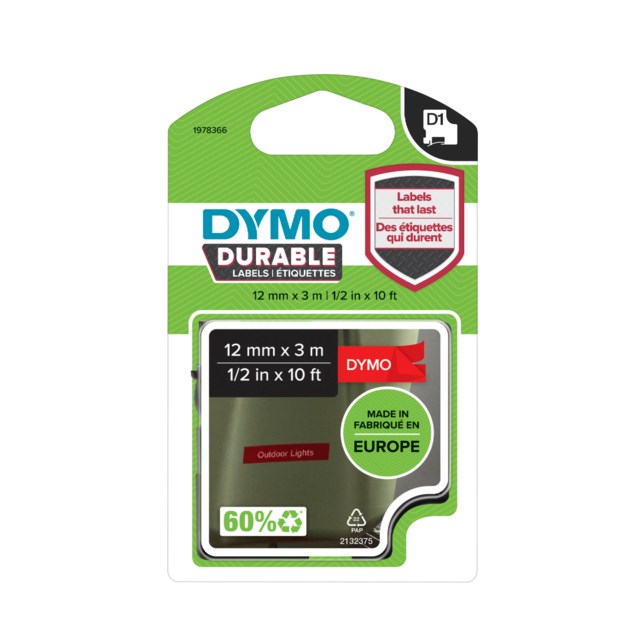 Märkband Dymo D1 Durable 12mm x 3m vit/röd - 12mmx3m - 1