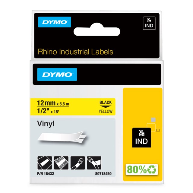 Märkband Dymo Rhino Ind vinyl 12mm svart/gul - 12mm - 1