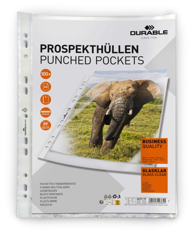 Plastficka Durable BUSINESS A4 Glasklar, universalhålad, 100 st - 1