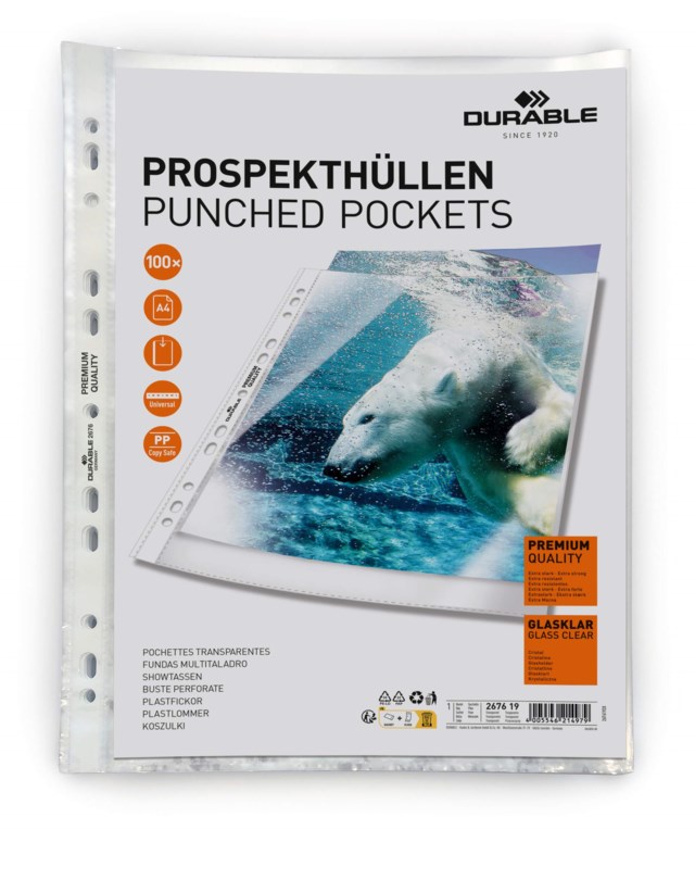 Plastficka Durable PREMIUM A4 Glasklar, universalhålad, 100 st - 1