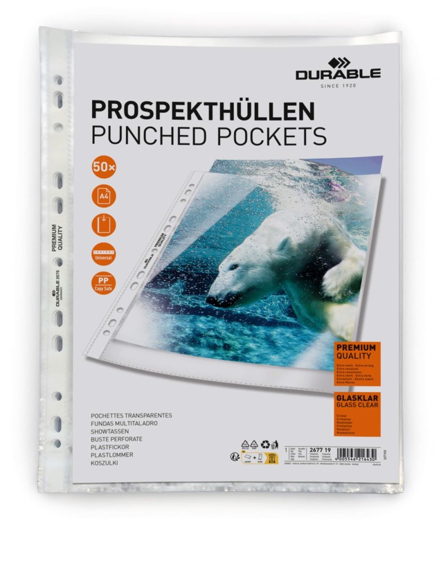 Plastficka Durable PREMIUM A4 Glasklar, universalhålad, 50 st - 1