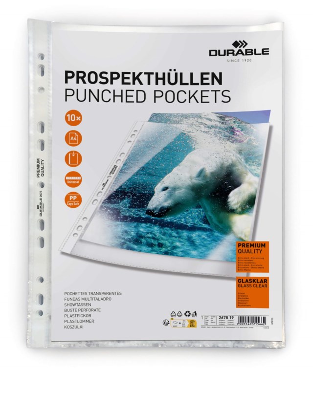 Plastficka Durable PREMIUM A4 Glasklar, universalhålad, 10 st - 1