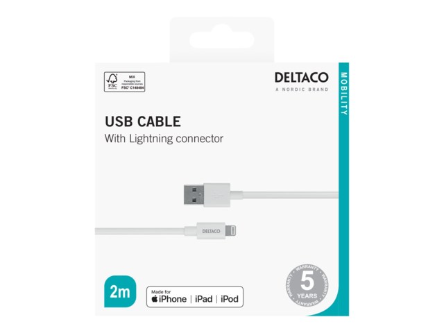 Kabel Deltaco USB-A till Lightning vit 2 m - 2m - 1
