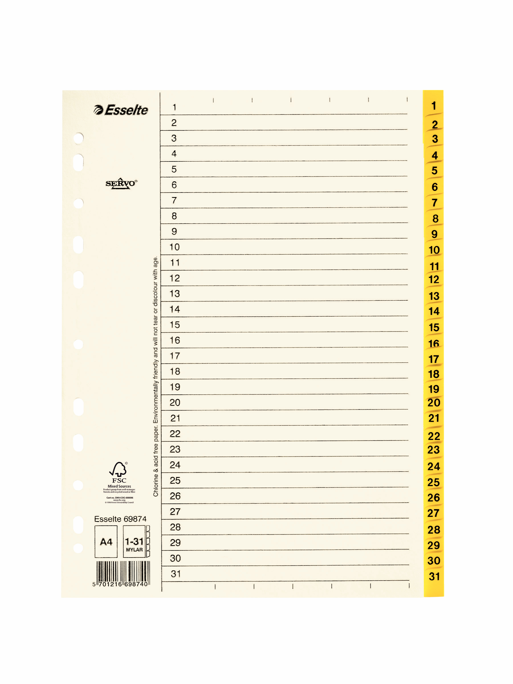 Pappersregister Timing Mega A4 1-31, plastförstärkta flikar, gul - Kontor & Papper - Pärmar & Register - Register