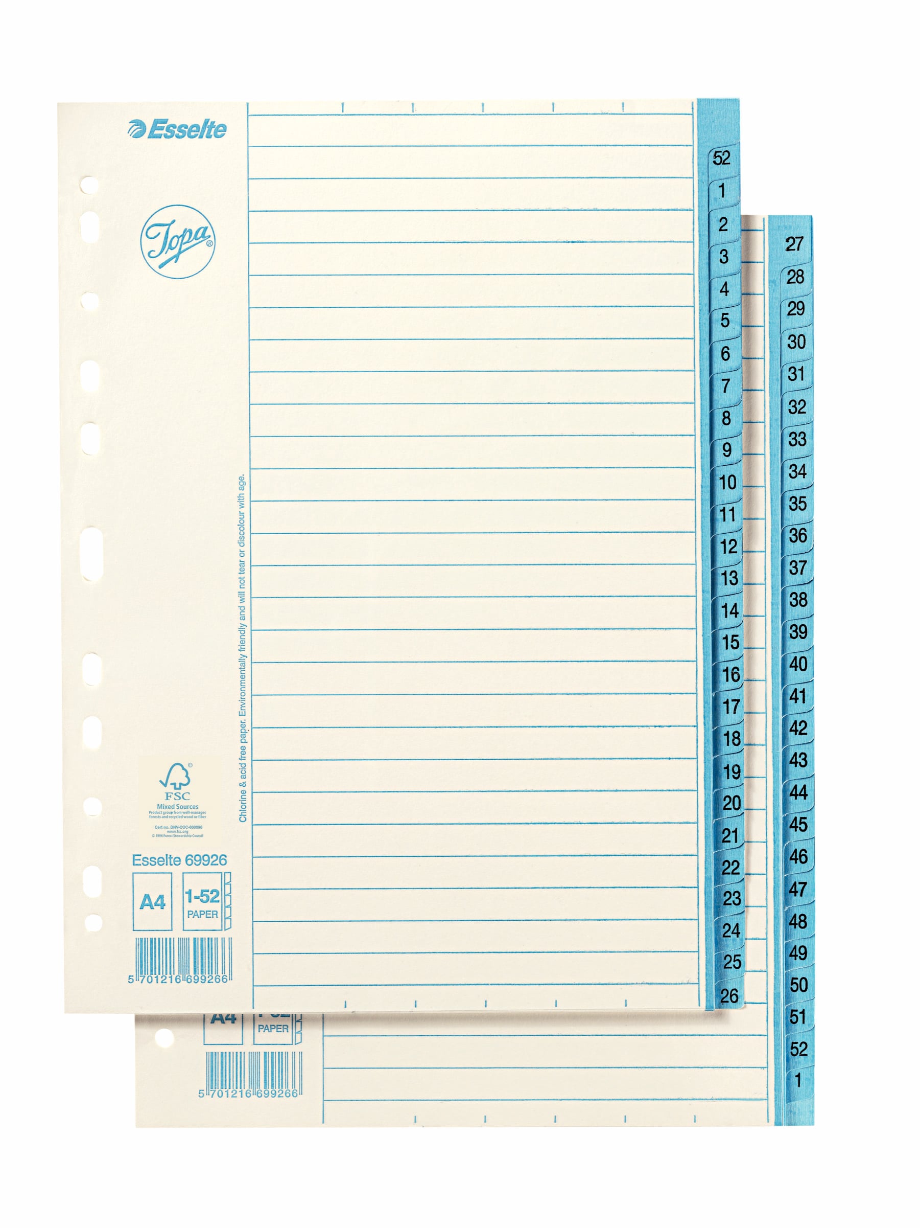 Pappersregister Esselte Jopa Original A4 1-52, blå flik - Kontor & Papper - Pärmar & Register - Register