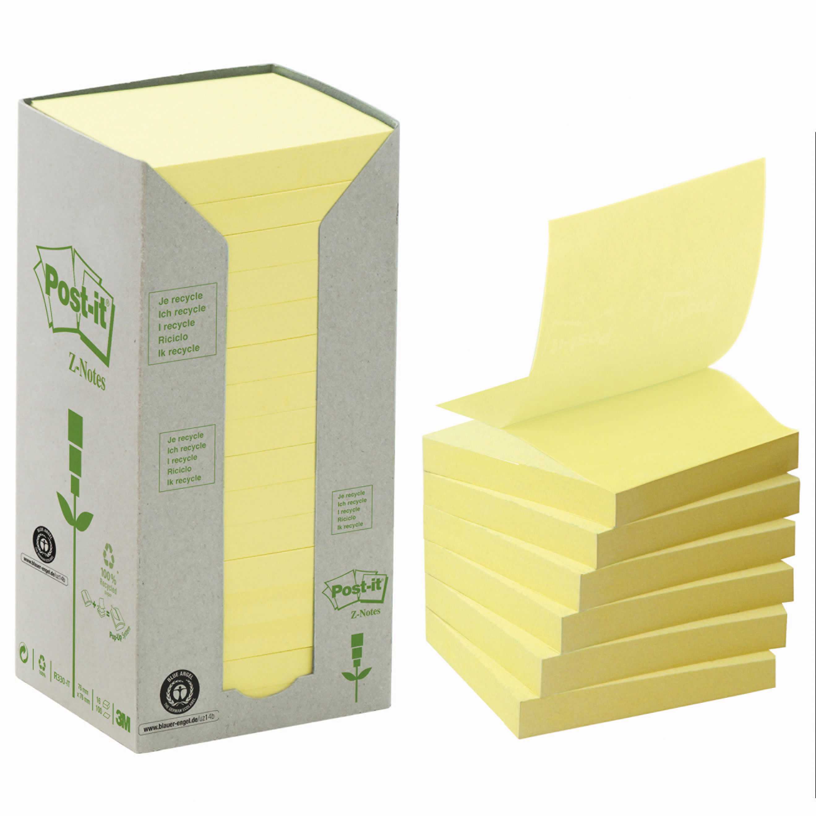 Z-block Post-it Recycled Gul, 76x76mm, 16 block | Kontorab.se