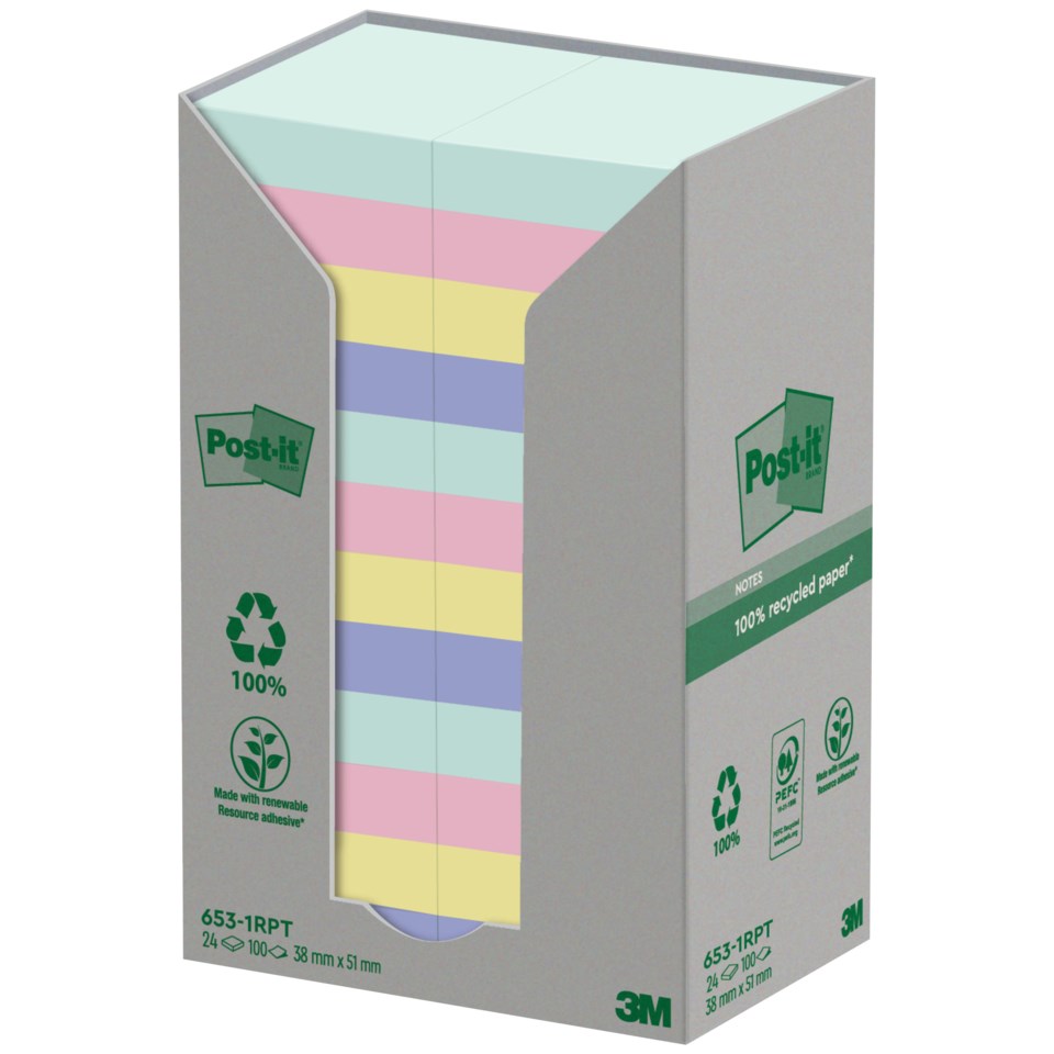 Notislappar Post-it Recycled, 38x51 mm, naturfärger, 24 block | Kontorab.se