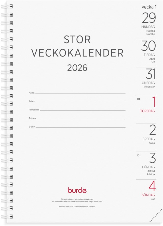 Almanacka Burde Stor Veckokalender refill - 1