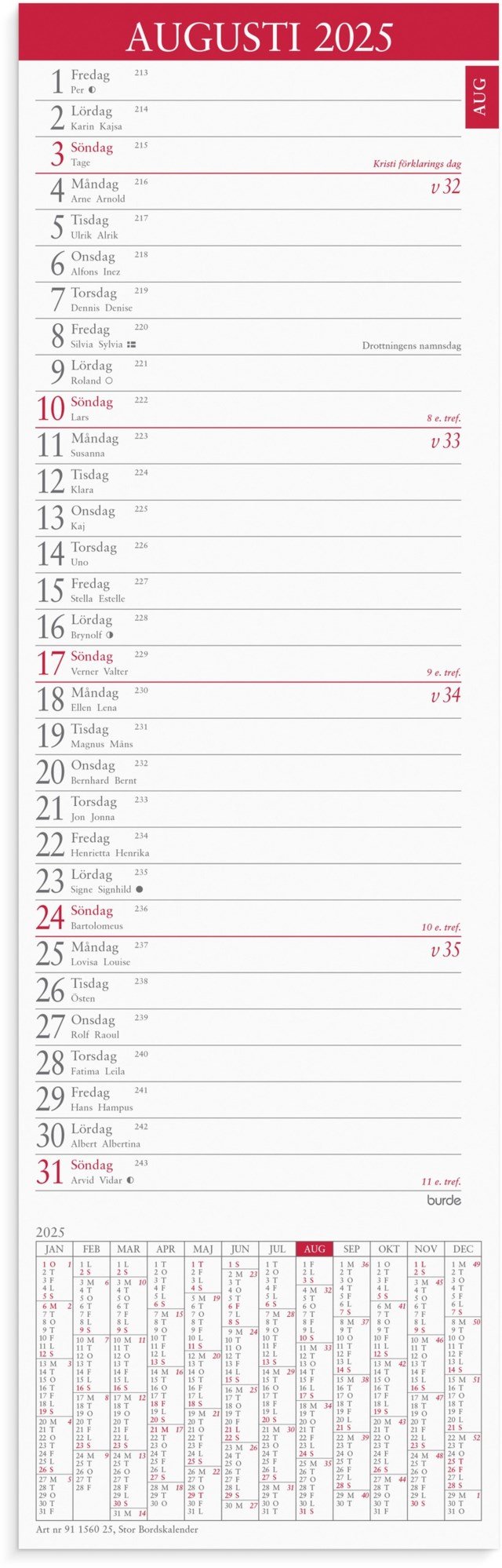 Almanacka Burde Stor Bordskalender - 115x370mm - 1