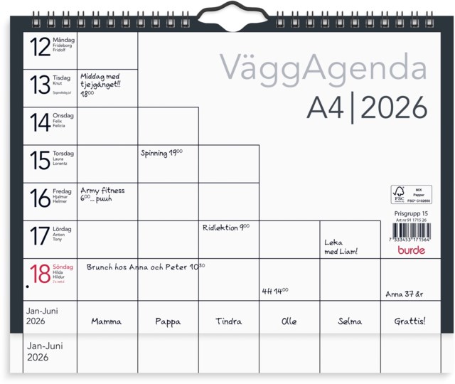 Almanacka Burde Väggkalender Väggagenda A4 - 1