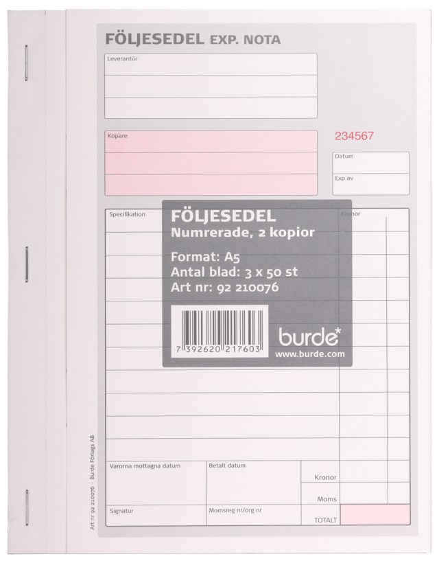 Blankett Följesedel A5 3x50 - A4 - 1