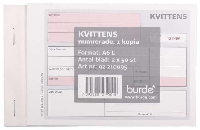 Blankett Kvittens numrerad A6L 2x50 - A4 - 1