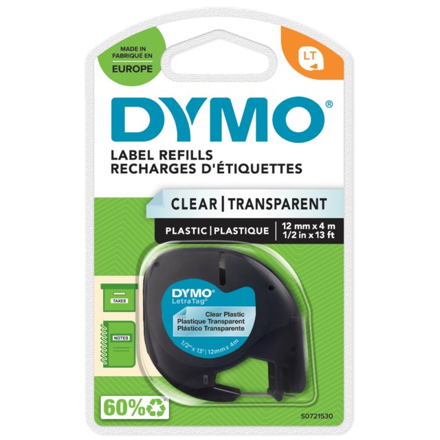 Märkband Dymo Letra Tag plast 12mm x 4m transparent - 12mmx4m - 1