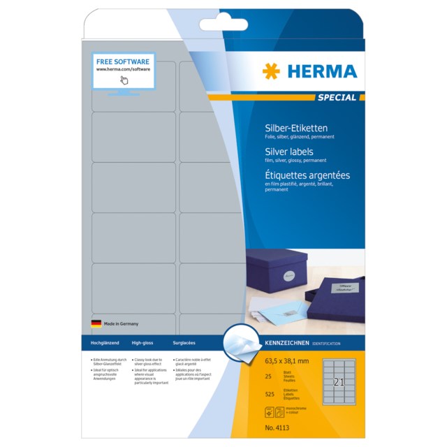 Etikett Herma Special 63,5 x 38,1mm silver 525st/fp - 63,5x38,1mm - 1