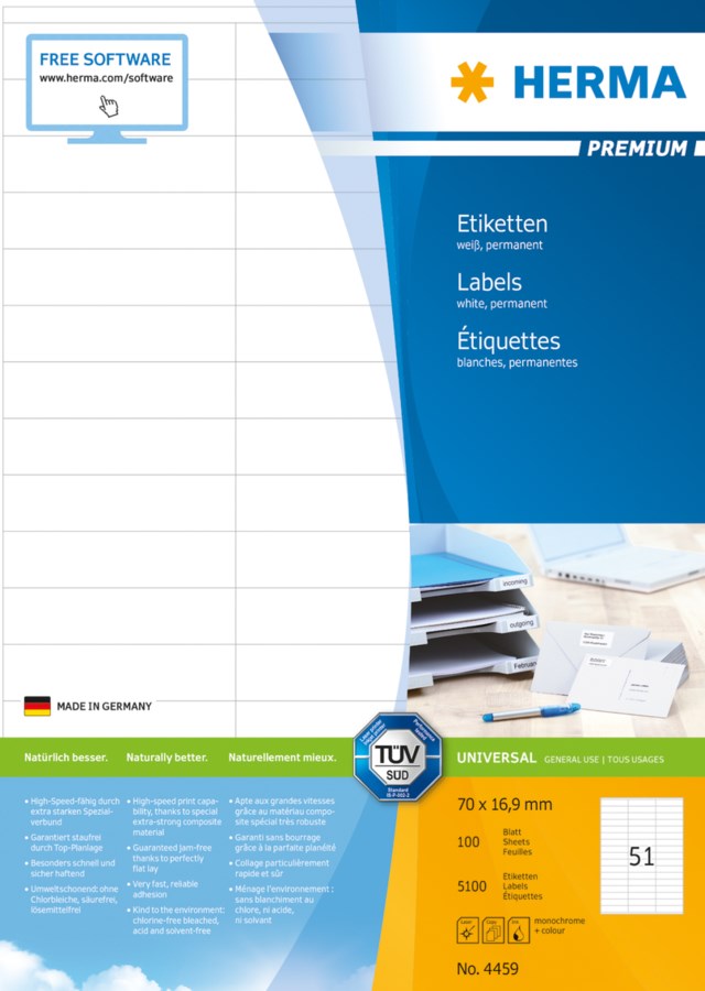 Etikett Herma Premium 70 x 16,9mm 5100st/fp - 70x16,9mm - 1