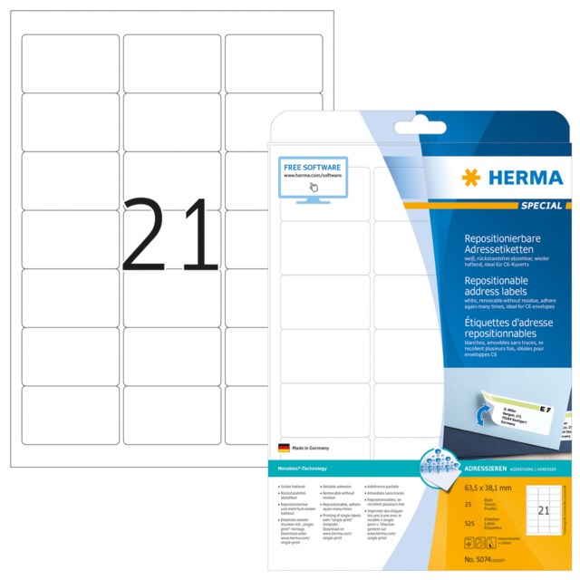 Etikett Herma Special avtagbar 63,5 x 38,1mm 525st/fp - 63,5x38,1mm - 1