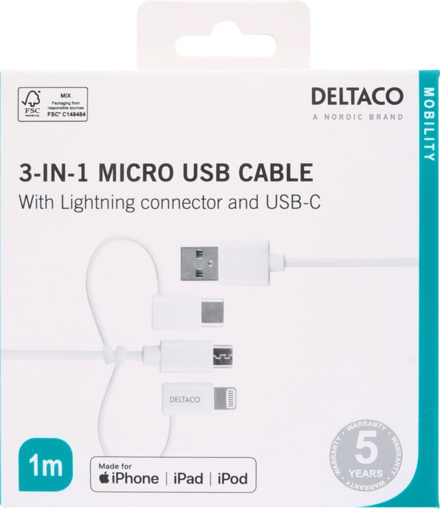 Kabel Deltaco USB-A till USB-C/Micro USB/Lightning 1 m - 1m - 1
