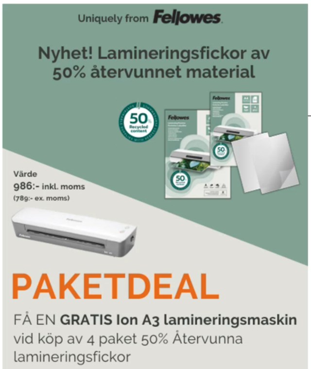 Kampanj! Lamineringsfickor + gratis Fellowes Ion A3 - 1