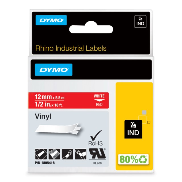 Märkband Dymo Rhino Ind vinyl 12mm vit/röd - 12mm - 1