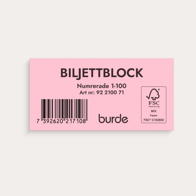 Biljettblock Burde 1-100, tvådelad, rosa - 1