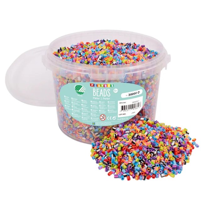 Rörpärlor Playbox Randigmix Svanenmärkta, 20000 st, förvaringshink - 1