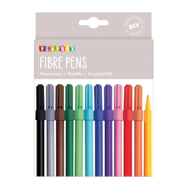 Tuschpenna Playbox Smal Fiberspets, 12 färger, ventilerad kork - 1