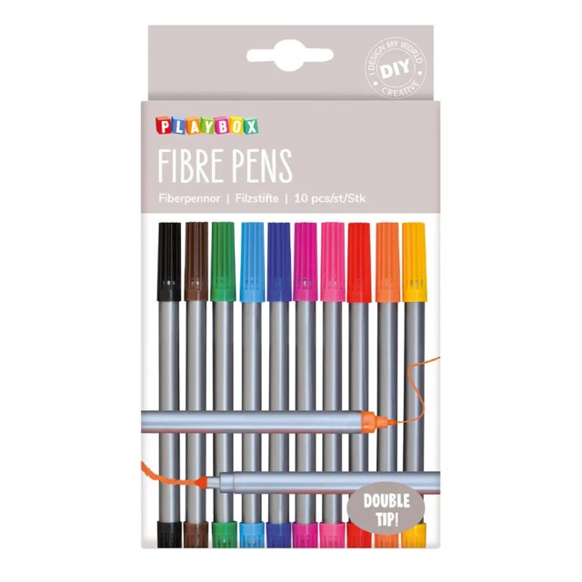 Fiberpenna Playbox Dubbelspets, 10 olika färger, 10-pack - 1