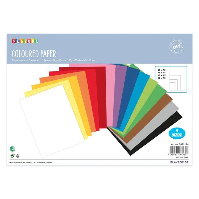 Pysselpapper Playbox Färgmix, 100g, 15 färger, A3-A6, 195 ark - 1