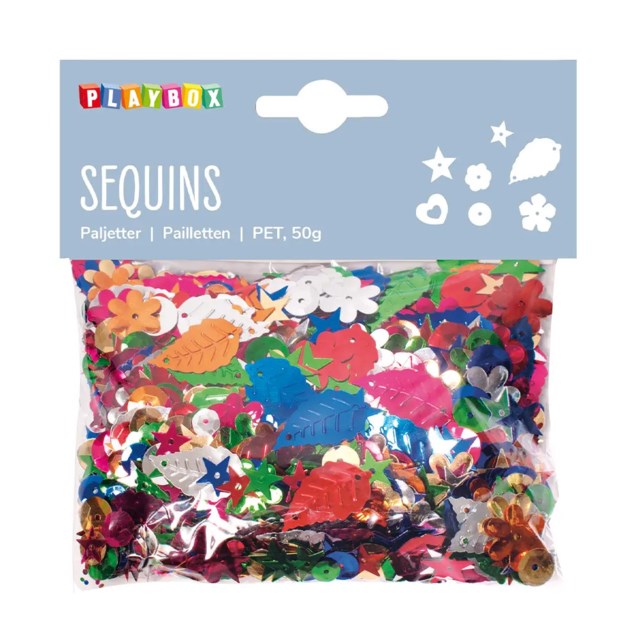 Paljettmix Playbox, blandade motiv och färger, 50g - 1