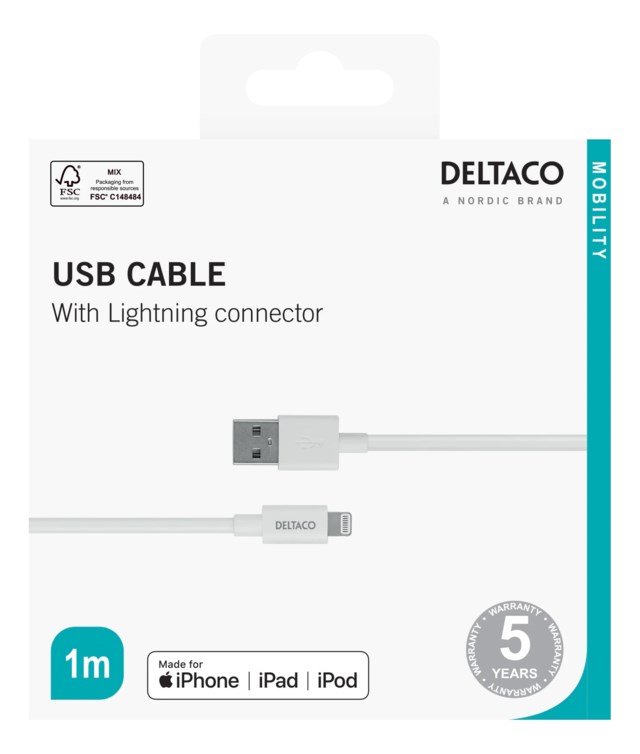 Kabel Deltaco USB-A till Lightning vit 1 m - 1m - 1