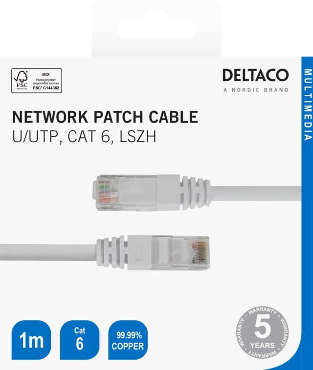 Nätverkskabel Deltaco U/UTP, cat 6 1m vit - 1m - 1