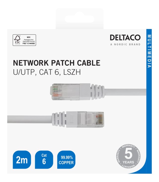 Nätverkskabel Deltaco U/UTP, cat 6 2m vit - 2m - 1