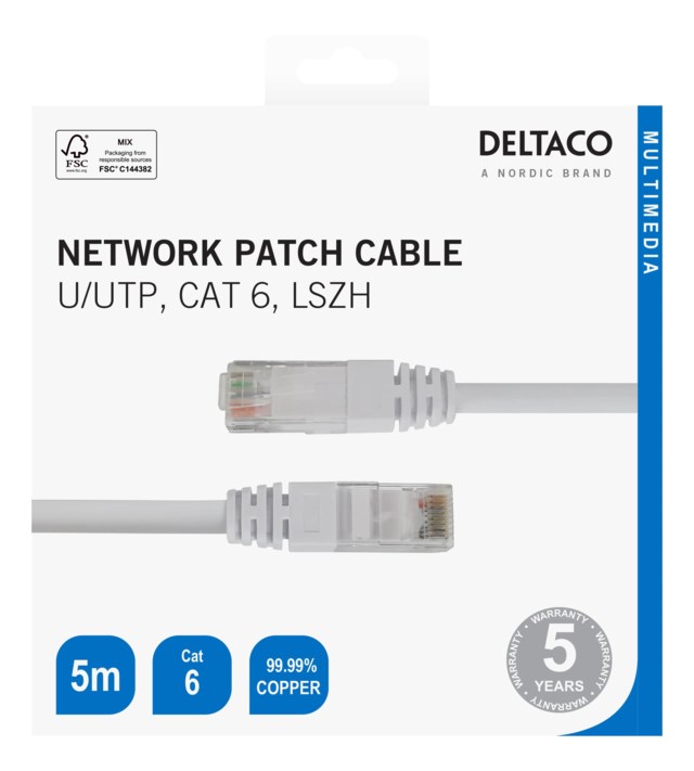 Nätverkskabel Deltaco U/UTP, cat 6 5m vit - 5m - 1
