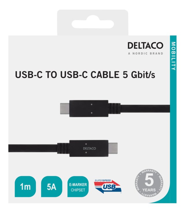 Kabel USB-C till USB-C Deltaco svart 1 m - 1m - 1