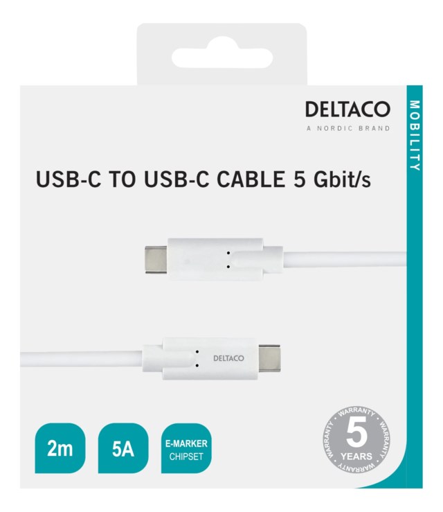 Kabel USB-C till USB-C Deltaco vit 2 m - 2m - 1