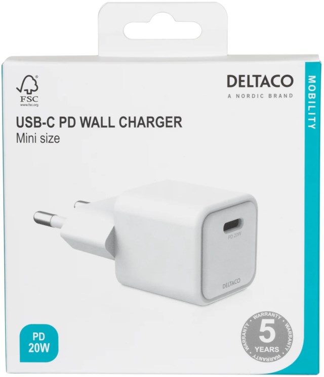 Väggladdare Deltaco mini USB-C PD 20W - 1