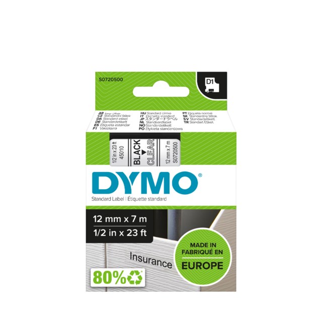Märkband Dymo D1 12mm svart/transparent - 12mmx7m - 1